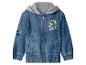Kinder-Jeansjacke mit grauer Kapuze und Cartoon-Hunde-Patch.
