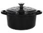 Schwarzer gusseiserner Topf mit Deckel.