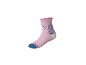 Rosa Socke mit blauem Cartoon-Charakter, blauer Spitze und weißer Ferse.