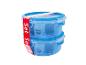 Zwei blaue runde Lebensmittelbehälter mit einem roten Band mit der Aufschrift „Set“ und 850 ml Fassungsvermögen.