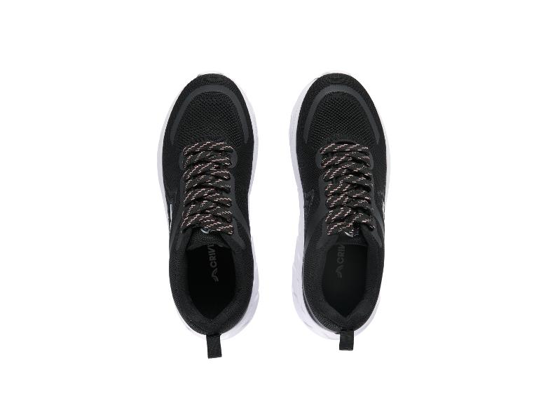 Paar schwarze CRIVIT Sportschuhe mit pink-schwarzen Schnürsenkeln, Draufsicht.