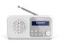 Weißes tragbares Radio mit Antenne und digitaler Anzeige 'Bluetooth'