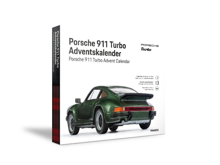 Porsche 911 Turbo Adventskalender mit grünem Modellauto und Buch.