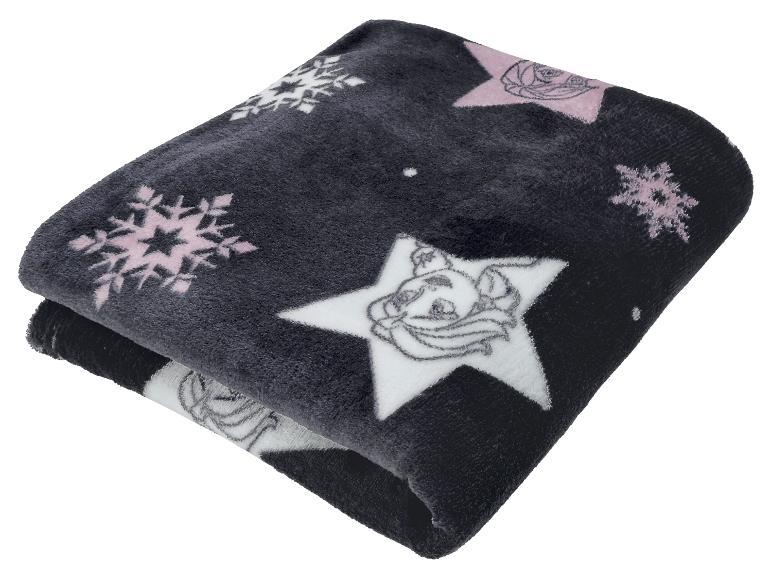 Schwarze Decke mit rosa Schneeflocken und Cartoon-Charaktersternen.