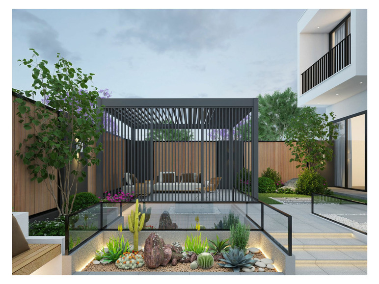 Ein moderner Außenbereich mit Pergola, Bank und Kakteen.