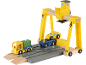 Holzspielzeug-Set mit gelbem Kran, LKW und Auto auf grauem Untergrund.