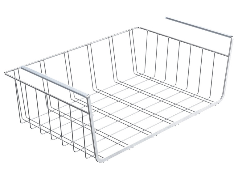 Ein silberner Drahtkorb mit Griffen zum Unterlegen unter ein Regal.