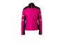 Fuchsia- und schwarze Steppjacke mit reflektierenden Streifen an den Ärmeln.