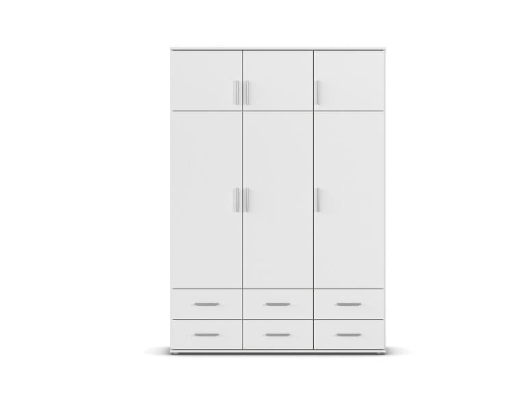Weißer Kleiderschrank mit drei oberen Türen und sechs unteren Schubladen.