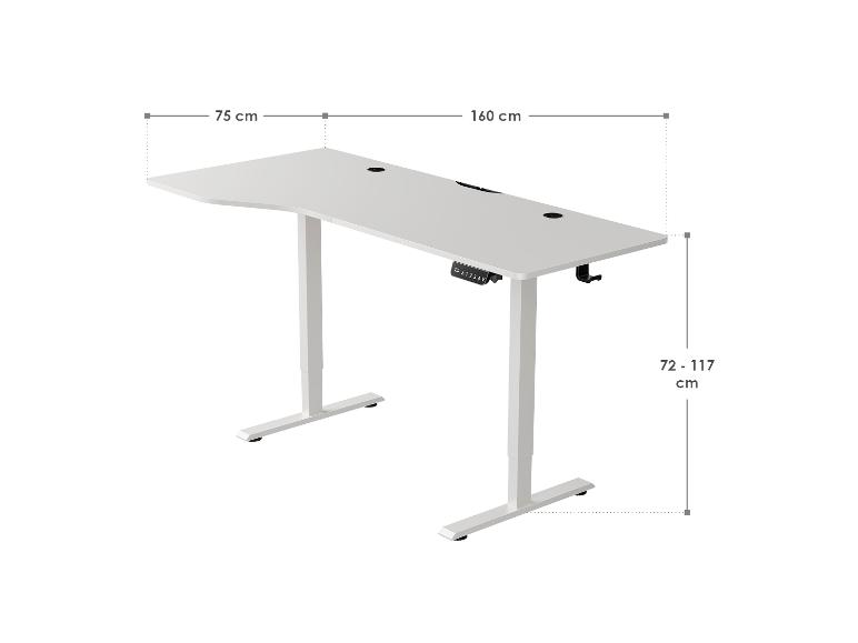 Weißer höhenverstellbarer Schreibtisch mit Maßen: 160 cm breit, 75 cm tief, Höhe 72-117 cm.