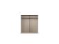 Offener Kleiderschrank mit zwei Abschnitten, Kleiderstangen und Regalen in Beige und Weiß.