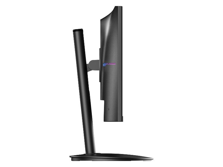 Schwarzer Computermonitor mit Ständer und Fuß, von der Seite gesehen.