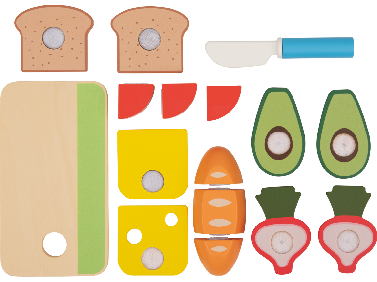 Holzspielzeug-Essen: Brot, Käse, Avocado, Karotte, Radieschen, Tomate und Schneidebrett mit Messer.