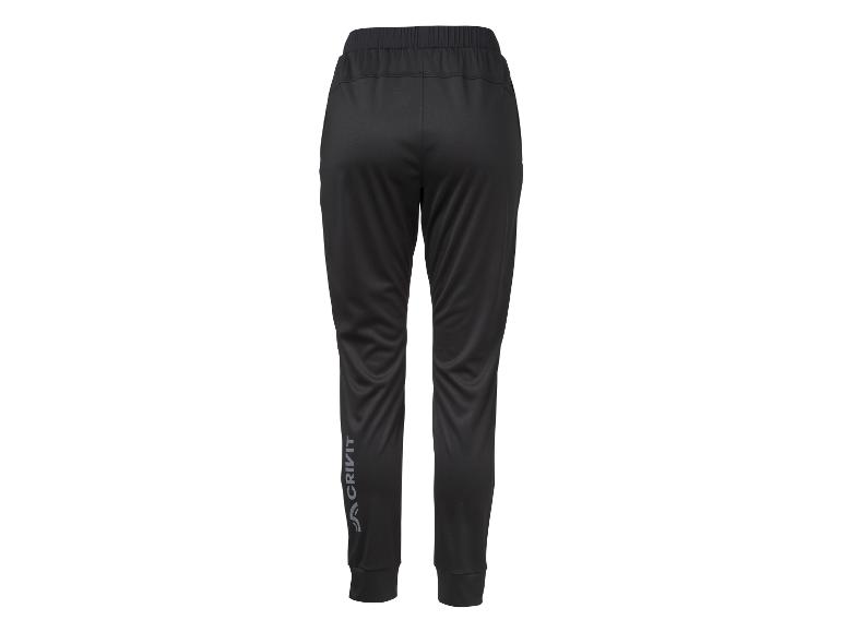 Schwarze Damen-Sporthose mit elastischem Bund und Logo am Bein.