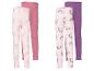Zwei Paar Kinderleggings: eine hellrosa mit Ballerinas und eine einfarbige rosa, sowie eine hellrosa mit Einhörnern und eine einfarbige lila.