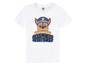 Weißes T-Shirt mit Chase von Paw Patrol mit blauen Glitzerbuchstaben.