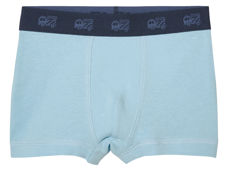 Hellblaue Boxershorts für Jungen mit LKW-Motiv.