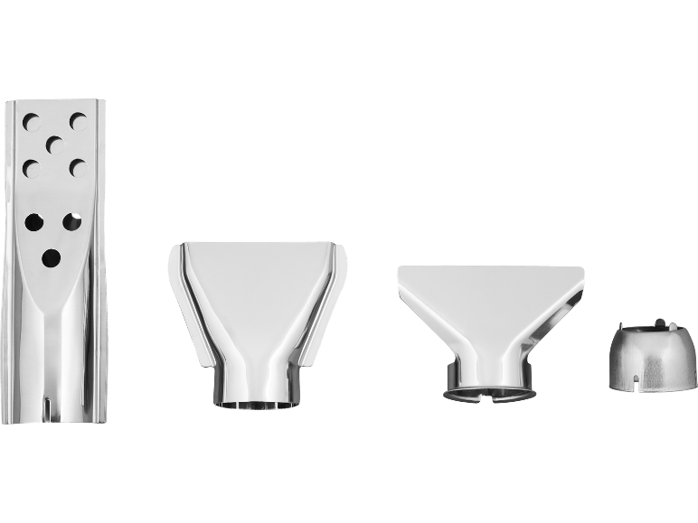Silberne Metall-Haartrockneraufsätze, darunter eine lange Düse und drei kleinere Düsen.
