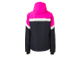 Pinke, weiße und dunkelblaue Skijacke mit Kapuze, Rückansicht.