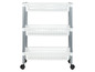 Ein weißer Regalwagen mit drei Körben und Rollen.