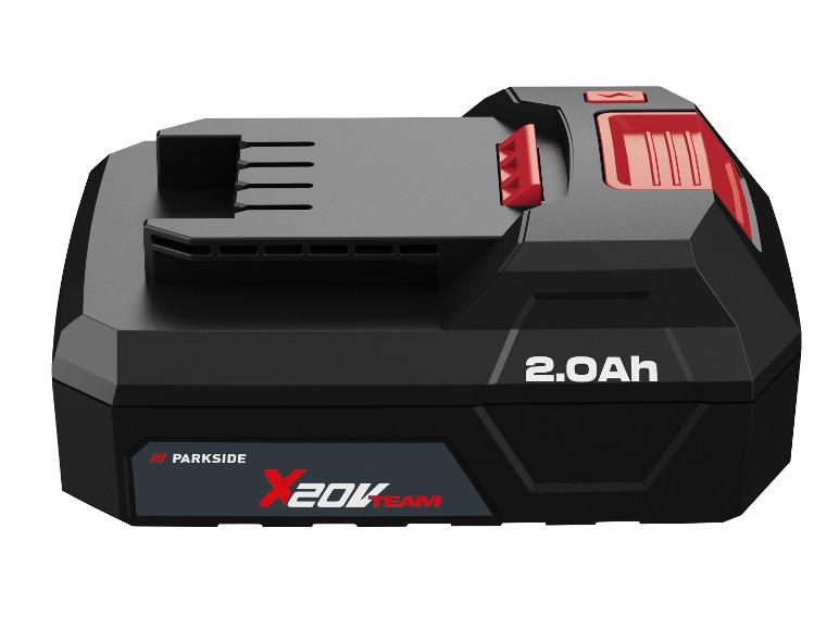 20V 2.0Ah Elektrowerkzeugakku in Schwarz mit roten Akzenten.