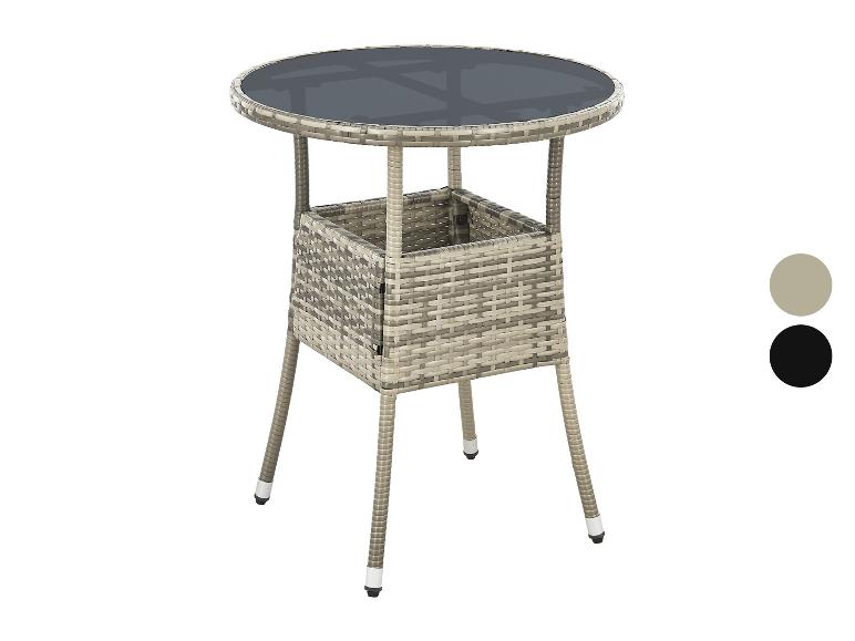Runder Rattan-Bartisch mit Glasplatte und Ablagefach, in Grau und Schwarz.