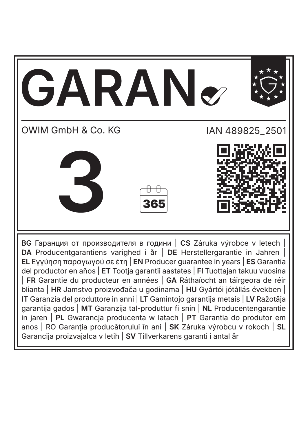 Siegel für 3 Jahre Garantie mit IAN 489825_2501 und QR-Code.