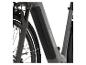 Graues E-Bike mit Vordergabel, Reifen und Rahmen mit integriertem Akku.
