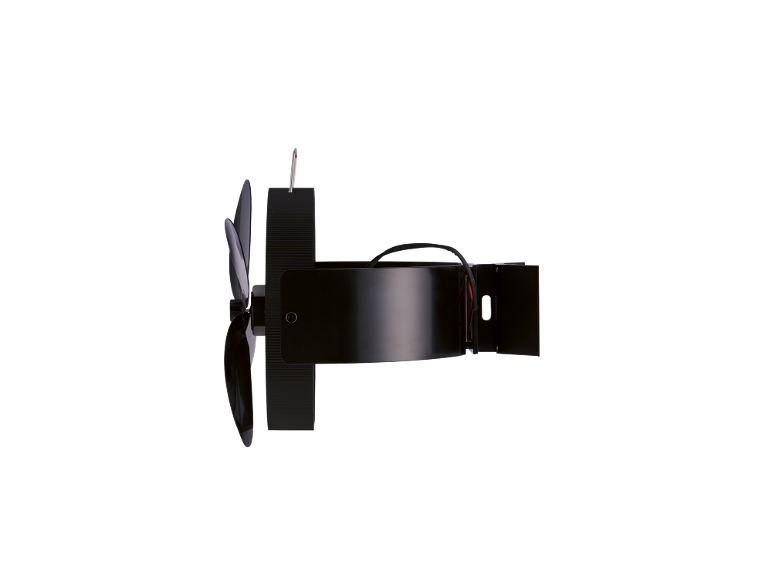 Schwarzer Holzofenventilator mit 3 Flügeln, Seitenansicht