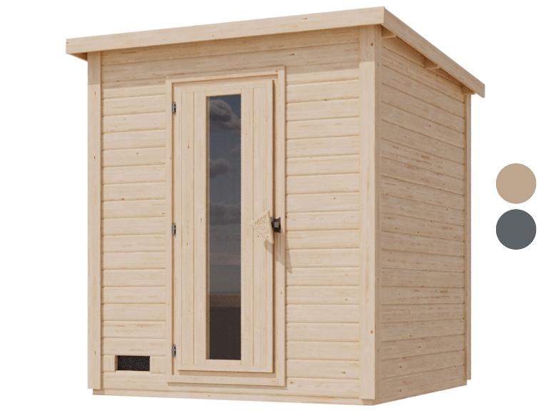 Holzgartenhaus mit Flachdach und verglaster Tür.