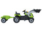 Grüner Spielzeugtraktor mit Anhänger und Schaufel.