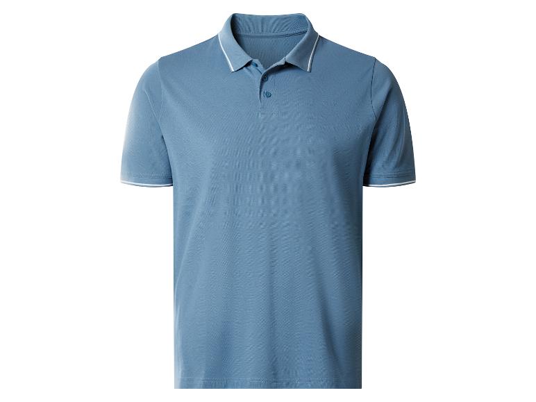Hellblaues Herren-Poloshirt mit weißem Besatz an Kragen und Ärmeln.
