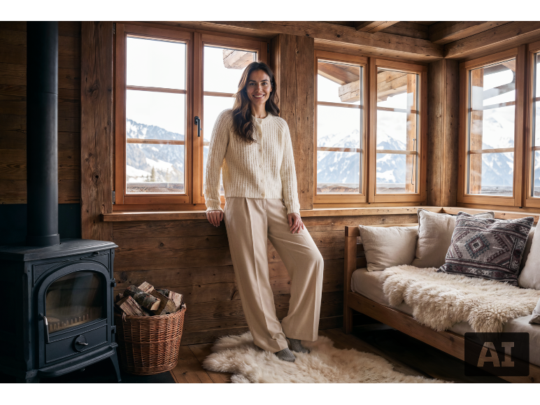 Frau in Strickjacke und Hose in einem gemütlichen Raum mit Holzofen und Bergblick.