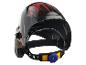 Schwarzer Schweißhelm mit roten Flammen und verstellbarem Kopfband