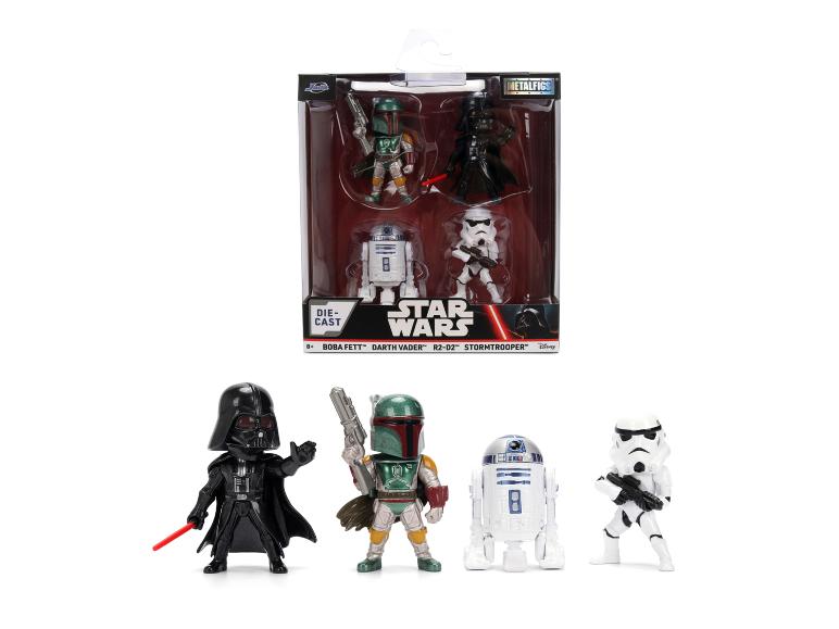 Star Wars Die-Cast Figuren von Boba Fett, Darth Vader, R2-D2 und einem Sturmtruppler.