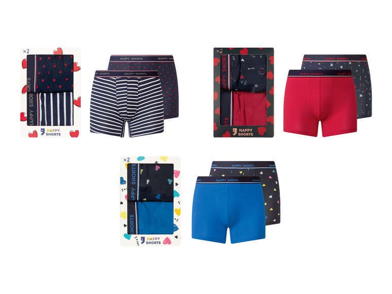 Viererpackungen mit Happy Shorts Boxershorts in verschiedenen Mustern.
