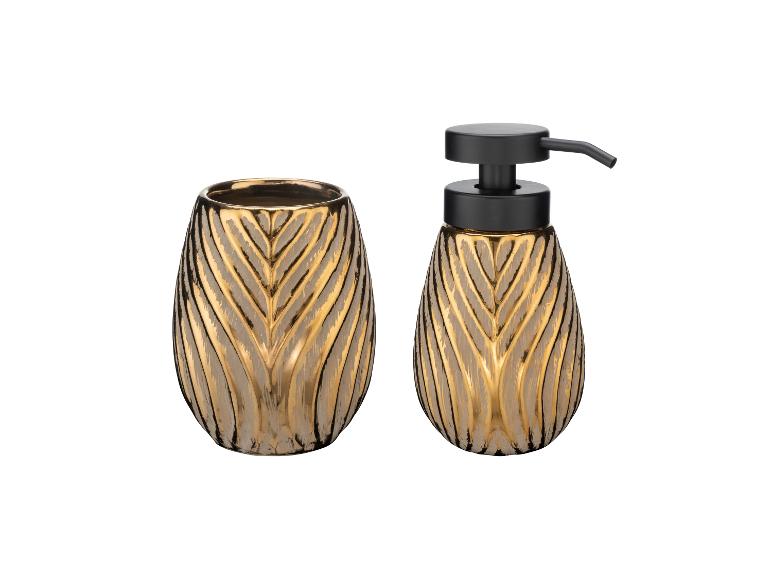 Elegantes, modernes Seifenspender- und Zahnbürstenhalter-Set in Gold.