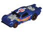 Ein blaues Hot Wheels Rennwagen mit sichtbarem Motor.