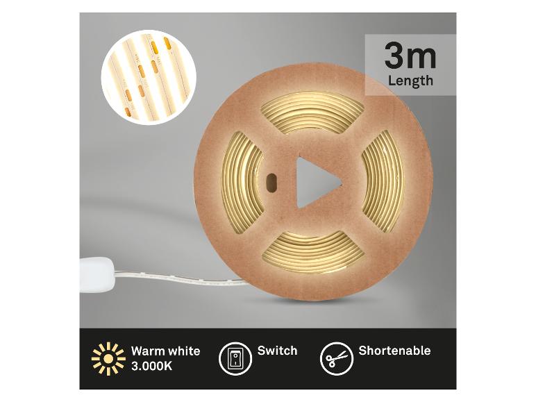 Ein aufgerolltes LED-Lichtband mit Spezifikationen für Warmweiß 3000K, 3m Länge, Schalter und Kürzbarkeit.
