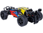 Bunter ferngesteuerter Buggy mit großen Reifen auf schwarzem Hintergrund.