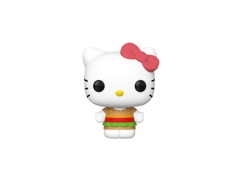 Weiße Katzenfigur mit roter Schleife und Burger-T-Shirt.