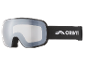 Schwarze Skibrille mit verspiegelter Silberlinse und schwarzem Band mit weißen Akzenten.