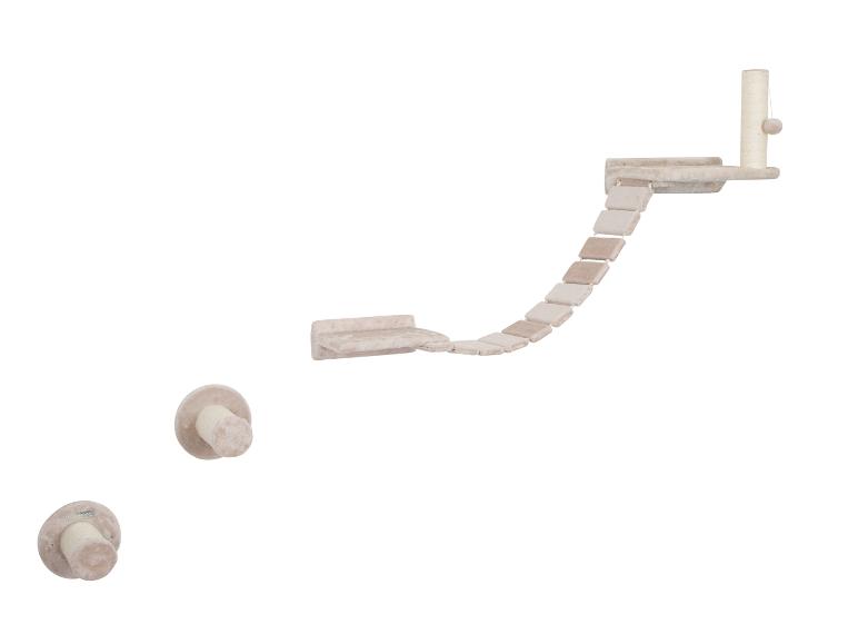 Wandmontiertes Katzenkletterset mit Leiter, Kratzbaum und Plattformen in Beige.