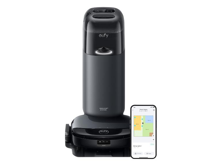 Eufy Saugroboter mit Reinigungsstation und Smartphone-App.