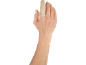 Hand mit einer beigen Fingerstütze.