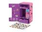 Pink-lila elektronischer Safe mit Aufklebern, offener Tür und Schublade.