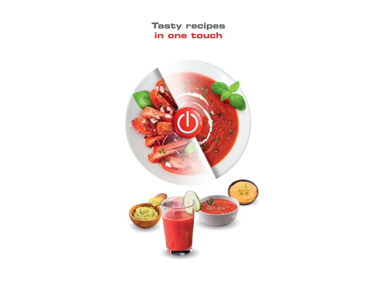 Tomatensalat verwandelt sich in Suppe mit einem Einschaltknopf, umgeben von anderen Gerichten.