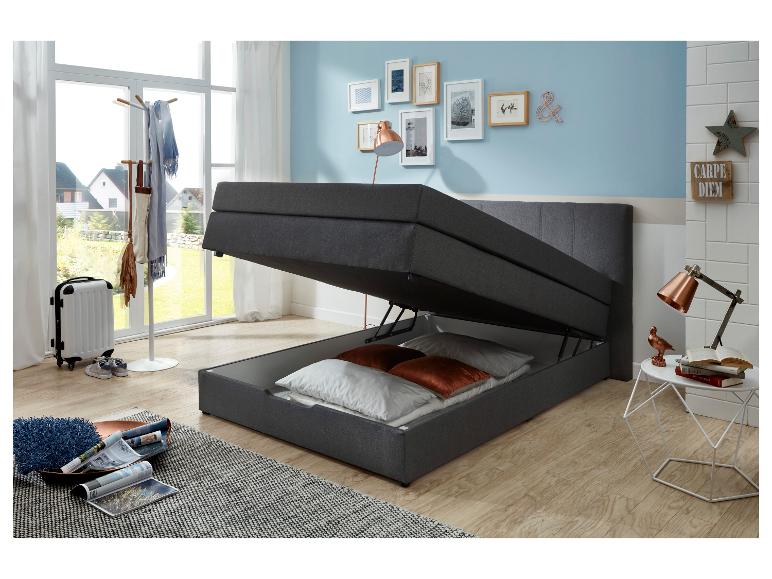 Bett mit integriertem Bettkasten, moderner Stil, dunkelgraue Farbe.