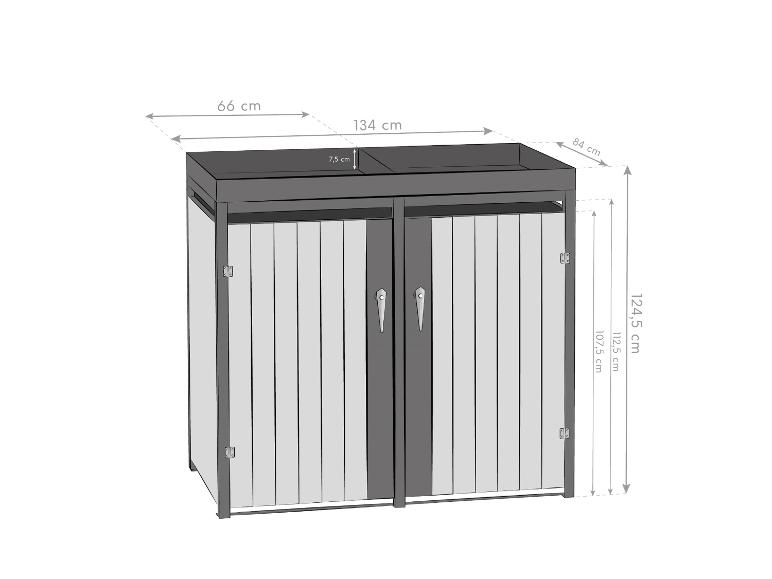 Gartenschrank mit zwei Türen und aufklappbarer Oberseite, mit Maßen.