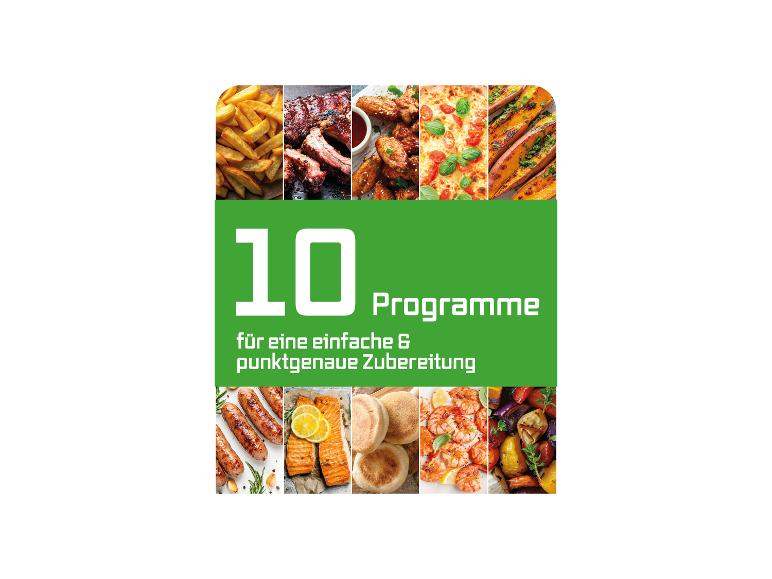 10 Programme für einfache und punktgenaue Zubereitung, mit verschiedenen Gerichten wie Pommes, Rippchen, Pizza und Lachs.